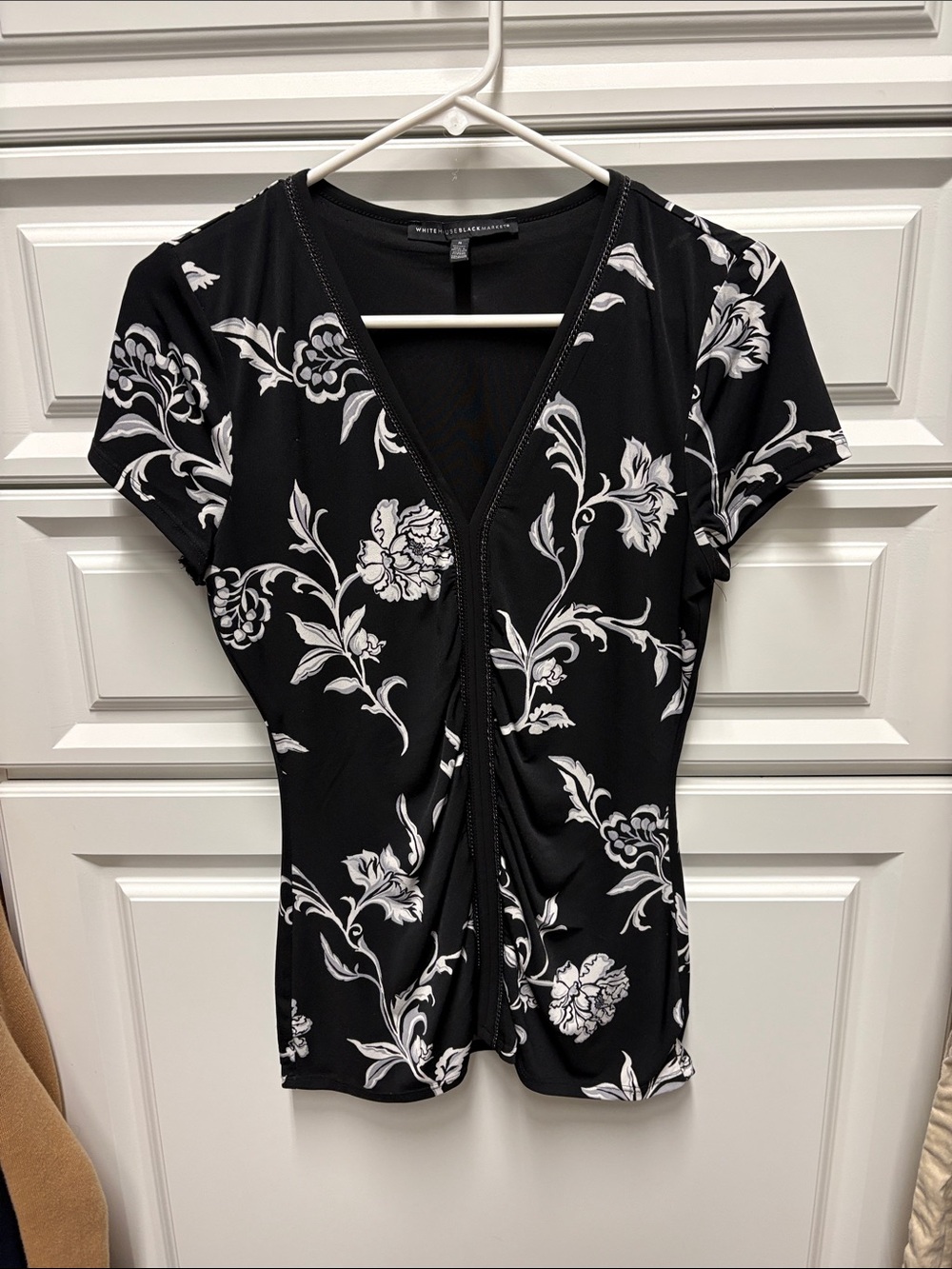 White House Black Market Black and White Floral Twist-Front Top